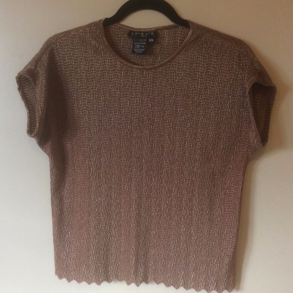 Brown Dressy Shirt Short Blouse Size Medium Solid Color Shiny Style Fashion